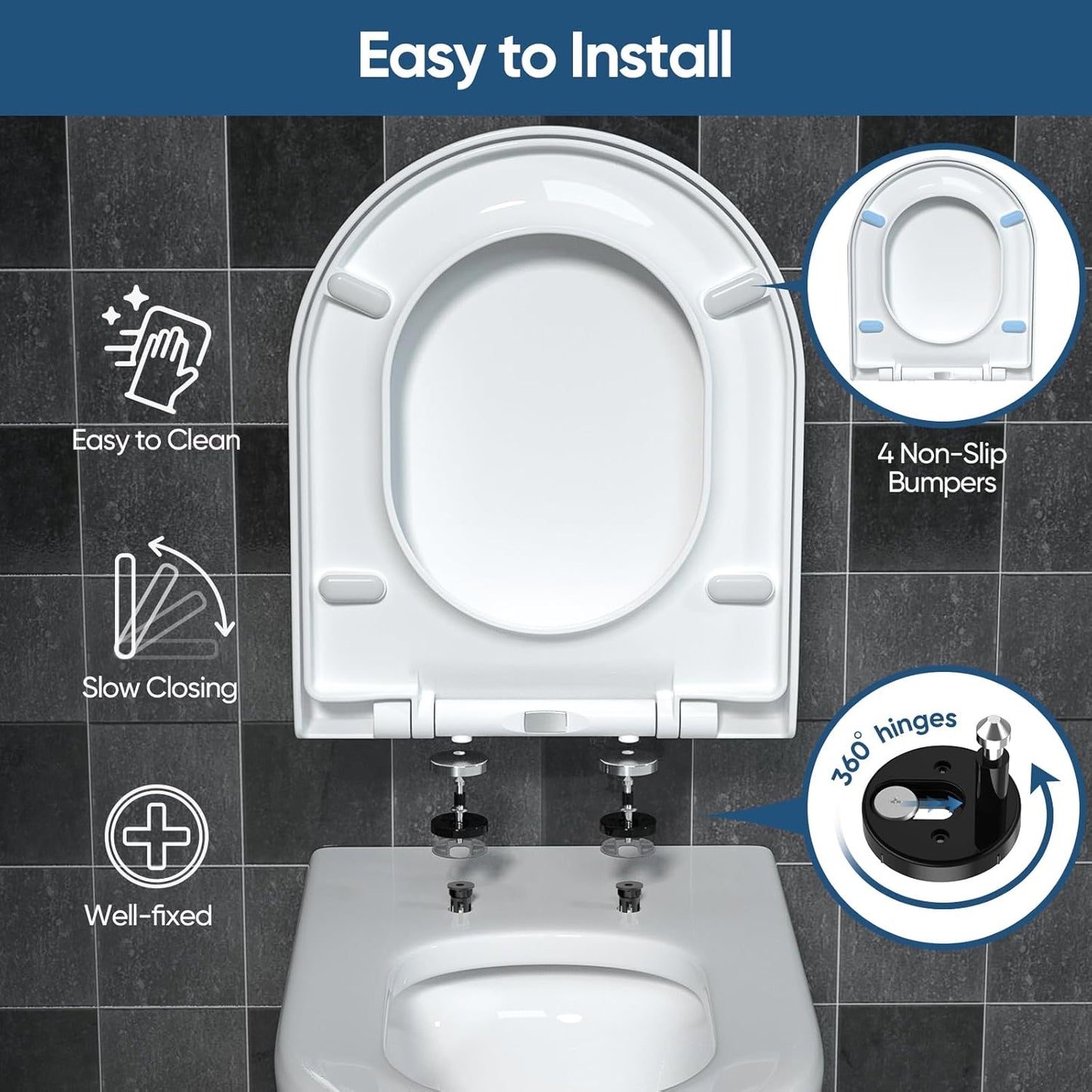 D-Shape Soft Close White Toilet Seat with Quiet Closing Mechanism Size DEMO