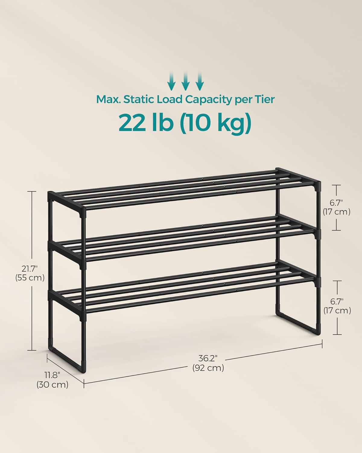 SONGMICS 3-Tier Free Standing Shoe Organizer Rack Metal Storage Shelf Size NEW