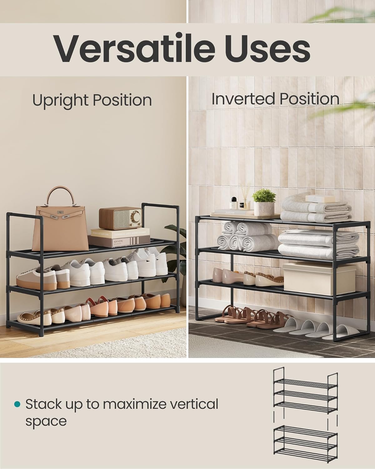 SONGMICS 3-Tier Free Standing Shoe Organizer Rack Metal Storage Shelf Size NEW