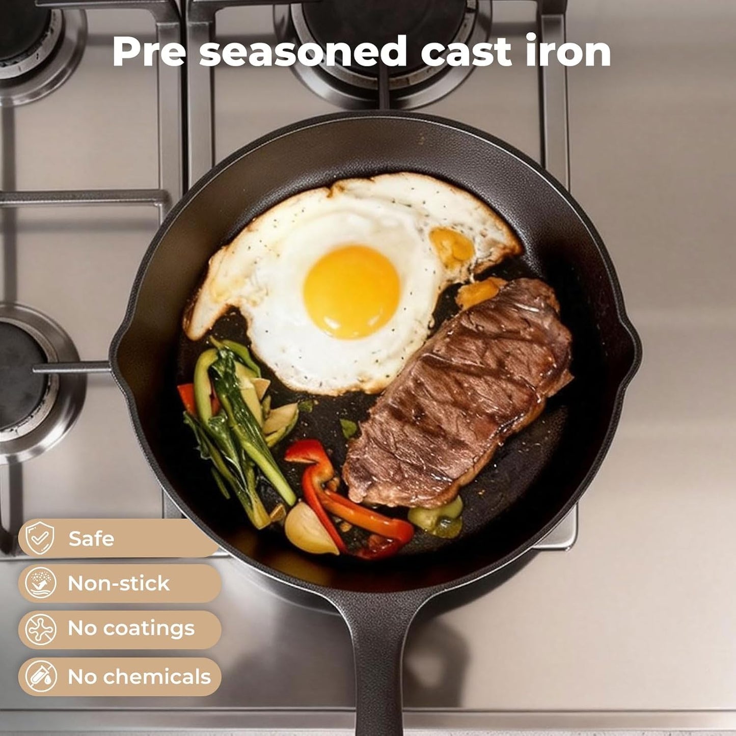 TOQUE Pre-Seasoned Cast Iron Skillet Frying Pan Cookware Black Size 7.9 NEW