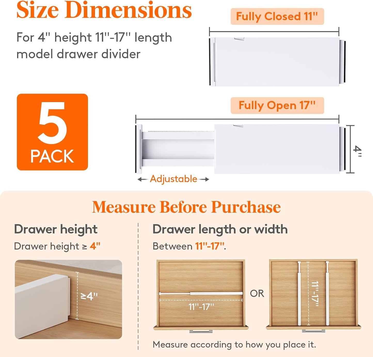 Lifewit Adjustable Plastic Drawer Dividers Organizers, 4" x 11-17", White NEW
