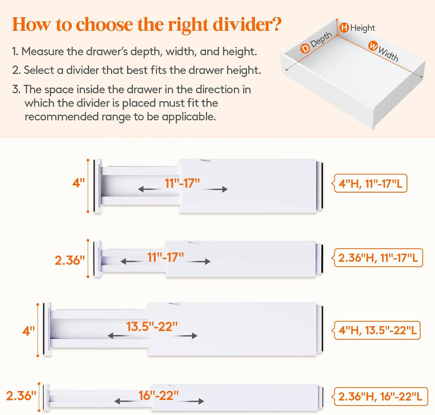 Lifewit Adjustable Plastic Drawer Dividers Organizers, 4" x 11-17", White NEW