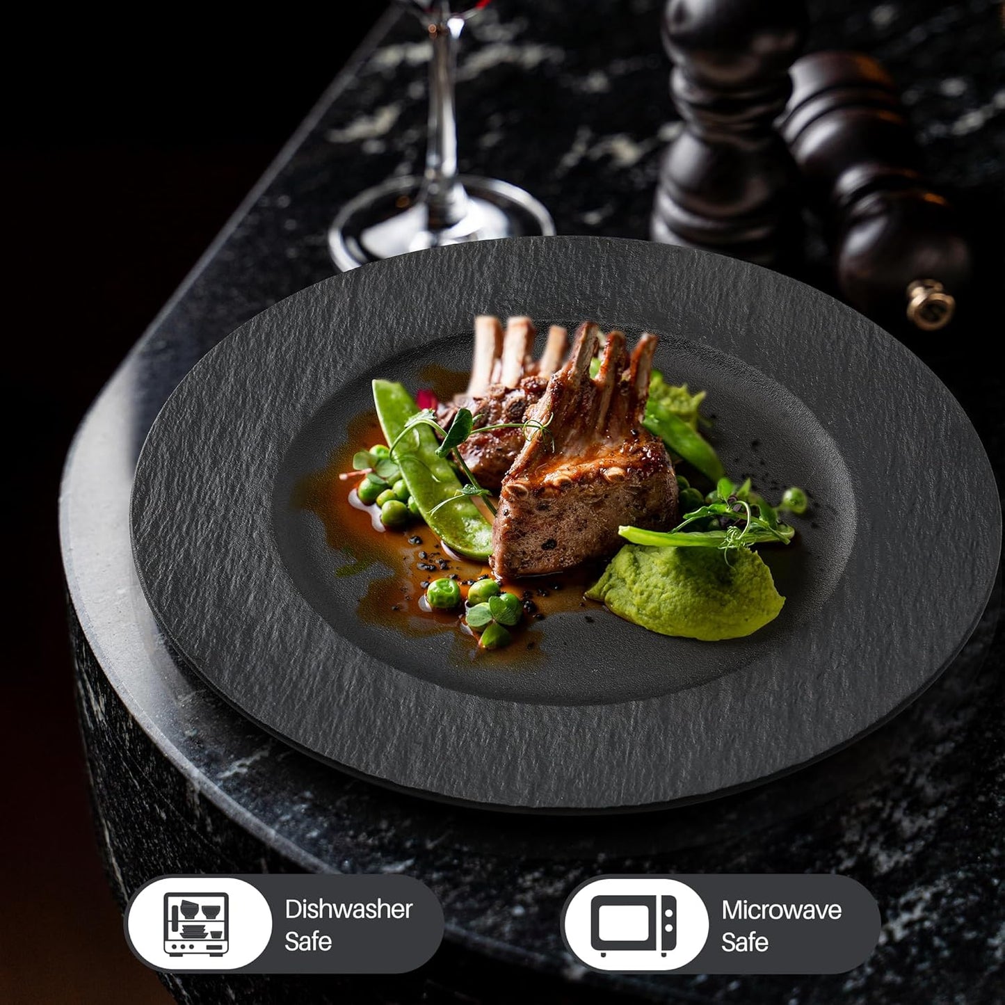 MIAMIO Modern Black Ceramic Dinner Plates Set of 4, Large 28cm / 11" NEW
