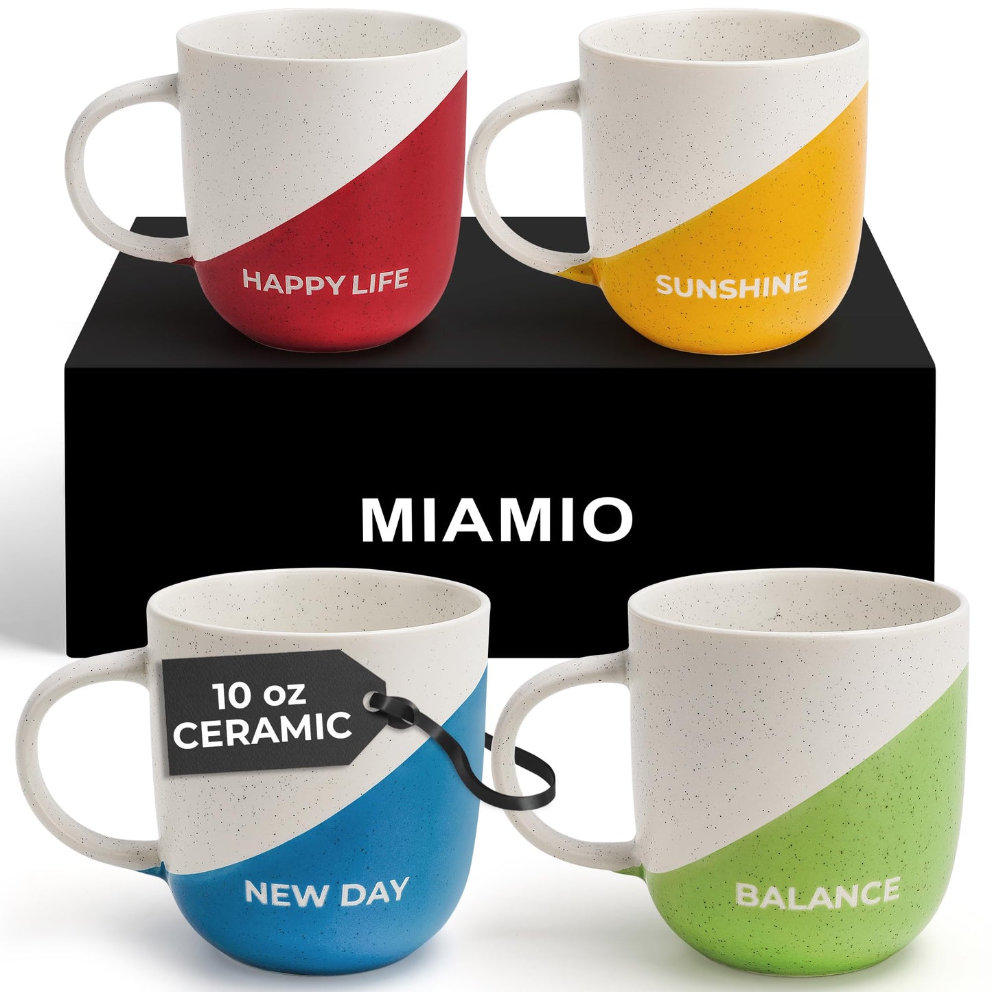MIAMIO Inspirational Ceramic Coffee Mugs Set of 4 in Multicoloured 300ml NEW
