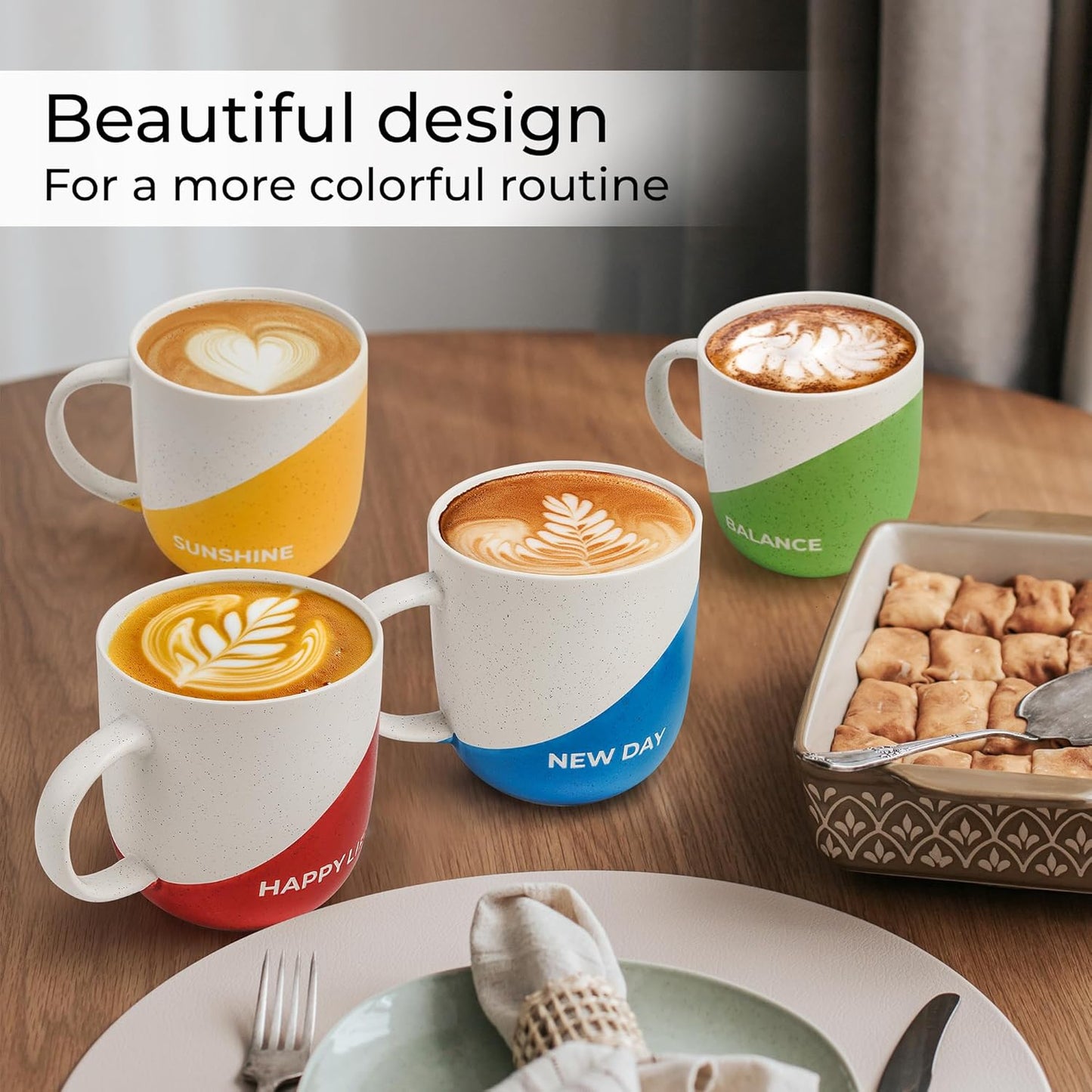 MIAMIO Inspirational Ceramic Coffee Mugs Set of 4 in Multicoloured 300ml NEW