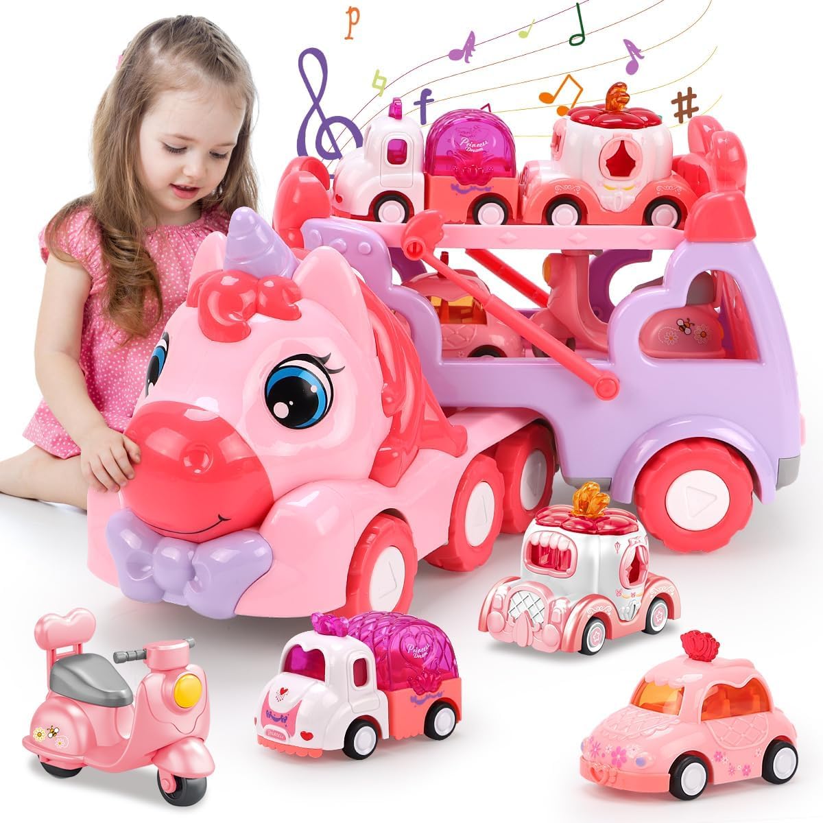 DAYE 5-in-1 Kids Pink Purple Unicorn Truck Toy Transport Trailer Vehicles NEW