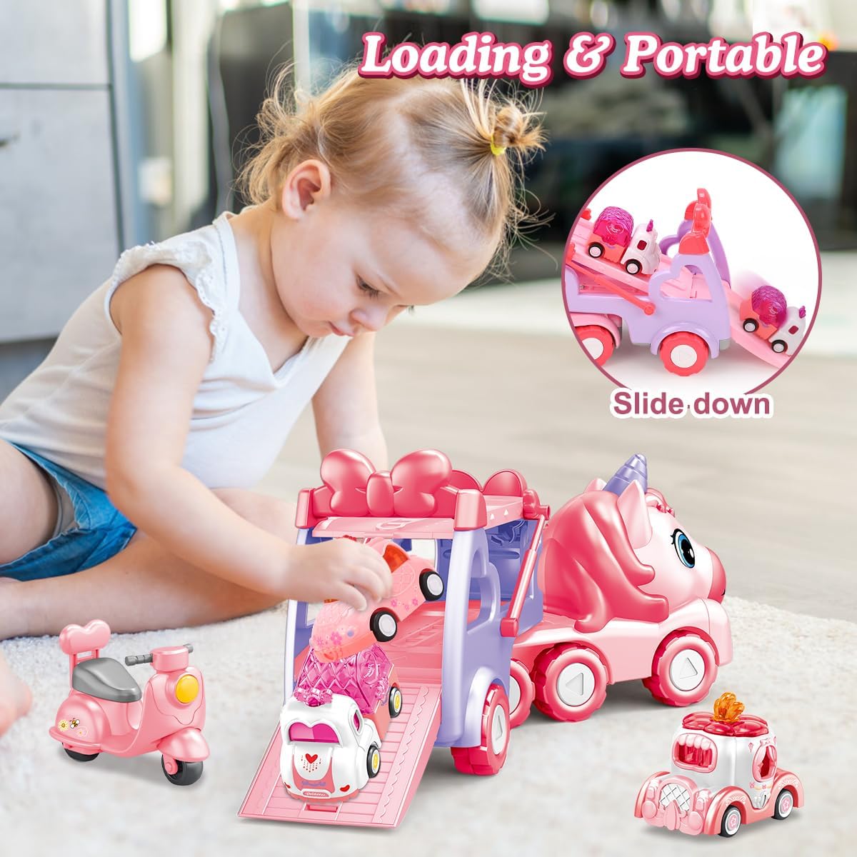 DAYE 5-in-1 Kids Pink Purple Unicorn Truck Toy Transport Trailer Vehicles NEW