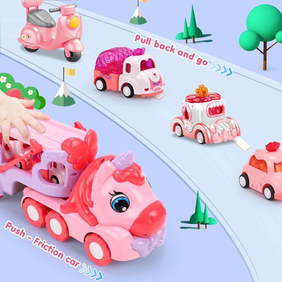 DAYE 5-in-1 Kids Pink Purple Unicorn Truck Toy Transport Trailer Vehicles NEW