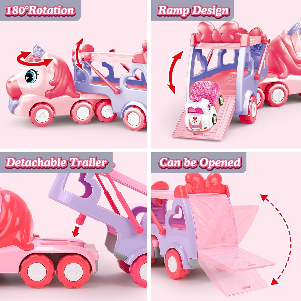 DAYE 5-in-1 Kids Pink Purple Unicorn Truck Toy Transport Trailer Vehicles NEW