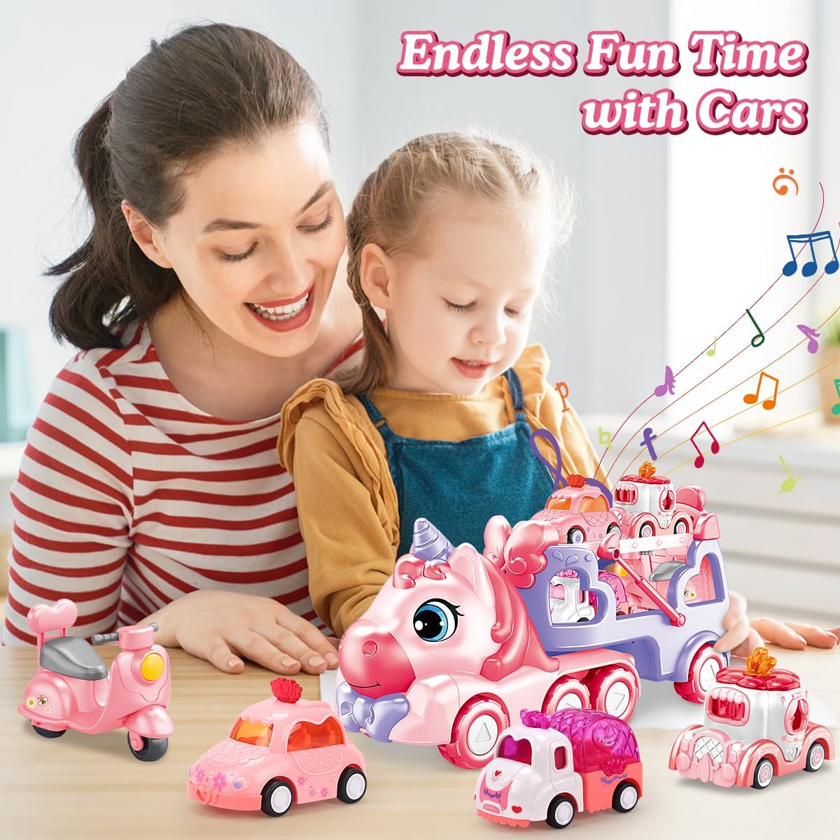 DAYE 5-in-1 Kids Pink Purple Unicorn Truck Toy Transport Trailer Vehicles NEW
