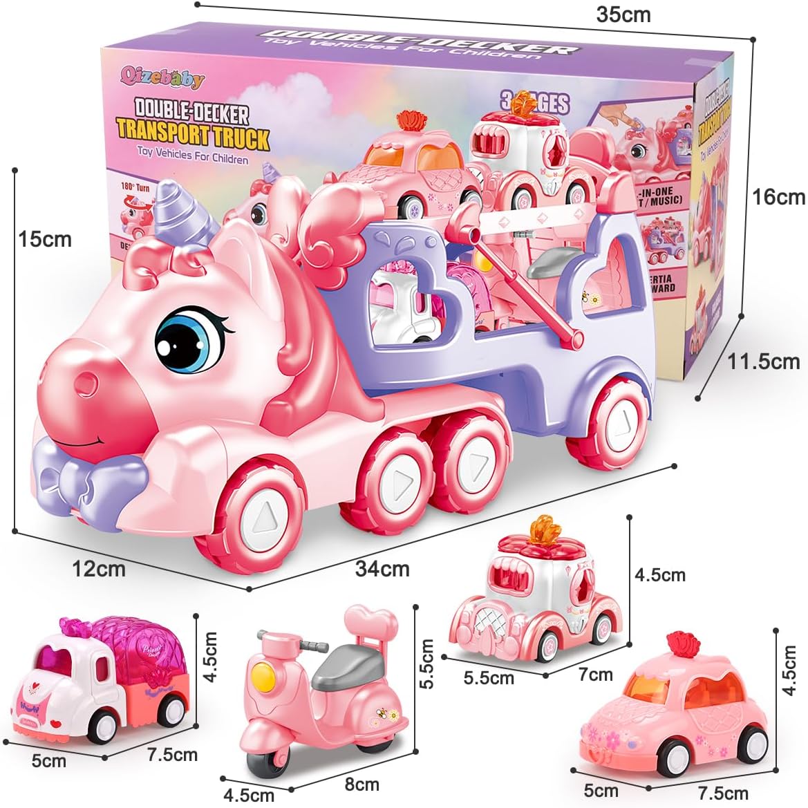 DAYE 5-in-1 Kids Pink Purple Unicorn Truck Toy Transport Trailer Vehicles NEW