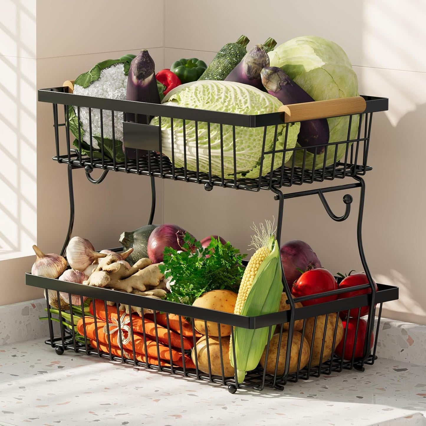 Versatile 2-Tier Black Wire Fruit Basket Organizer for Kitchen Storage NEW