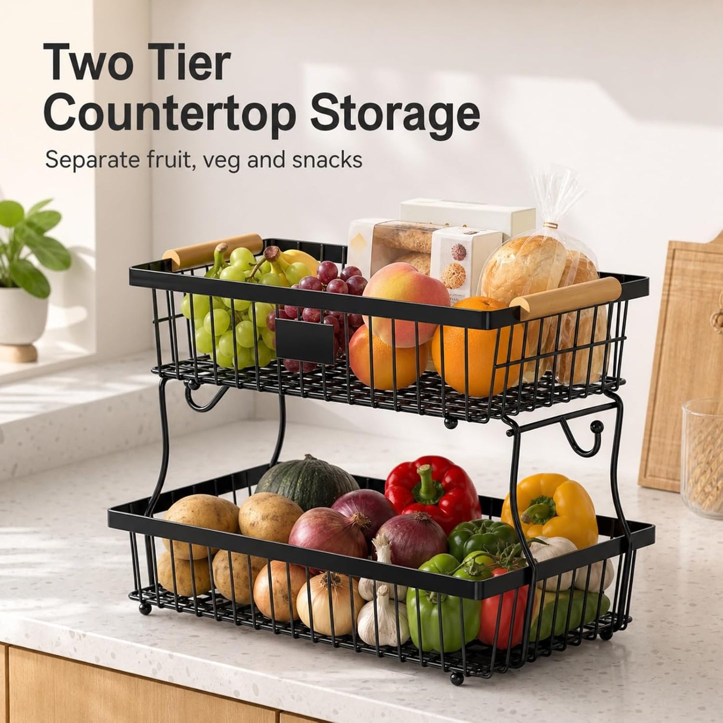 Versatile 2-Tier Black Wire Fruit Basket Organizer for Kitchen Storage NEW