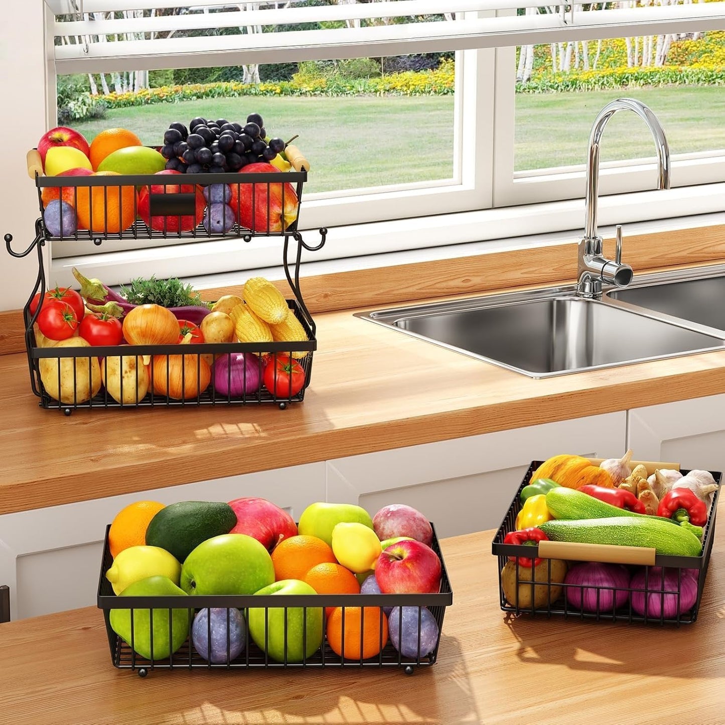 Versatile 2-Tier Black Wire Fruit Basket Organizer for Kitchen Storage NEW