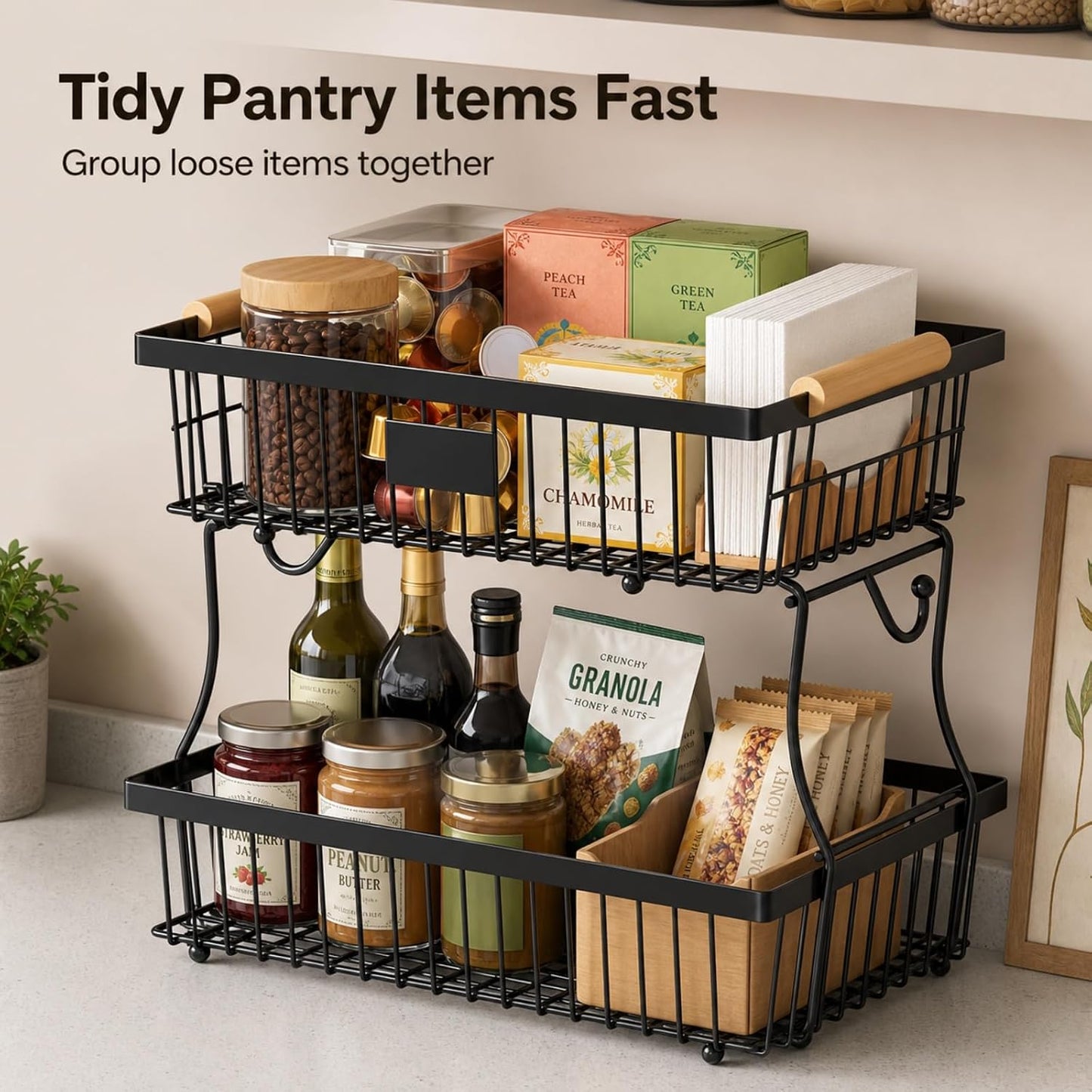Versatile 2-Tier Black Wire Fruit Basket Organizer for Kitchen Storage NEW