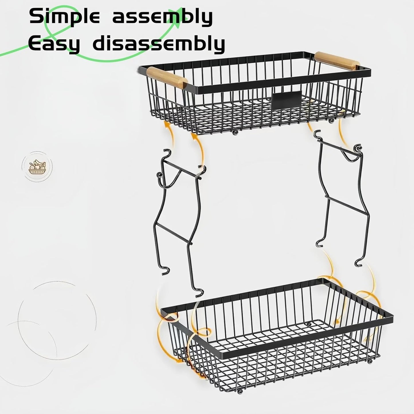 Versatile 2-Tier Black Wire Fruit Basket Organizer for Kitchen Storage NEW