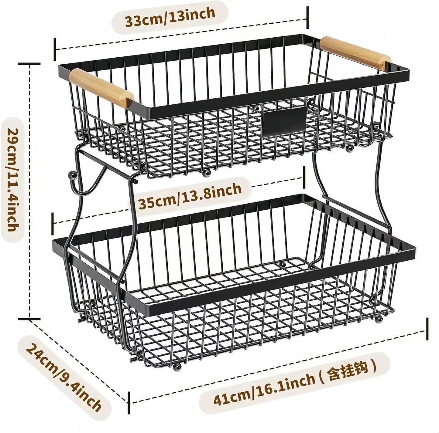 Versatile 2-Tier Black Wire Fruit Basket Organizer for Kitchen Storage NEW