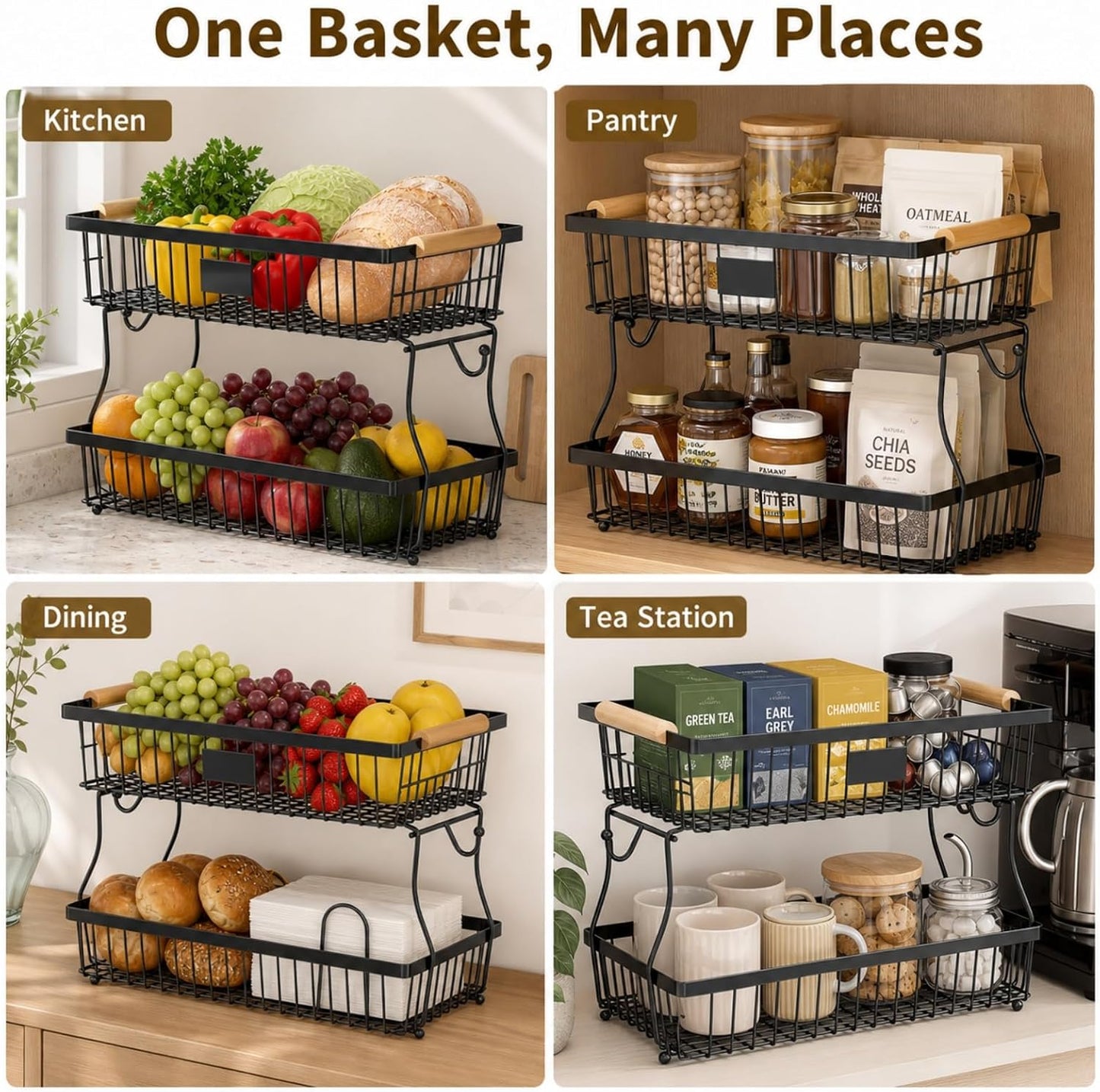 Versatile 2-Tier Black Wire Fruit Basket Organizer for Kitchen Storage NEW