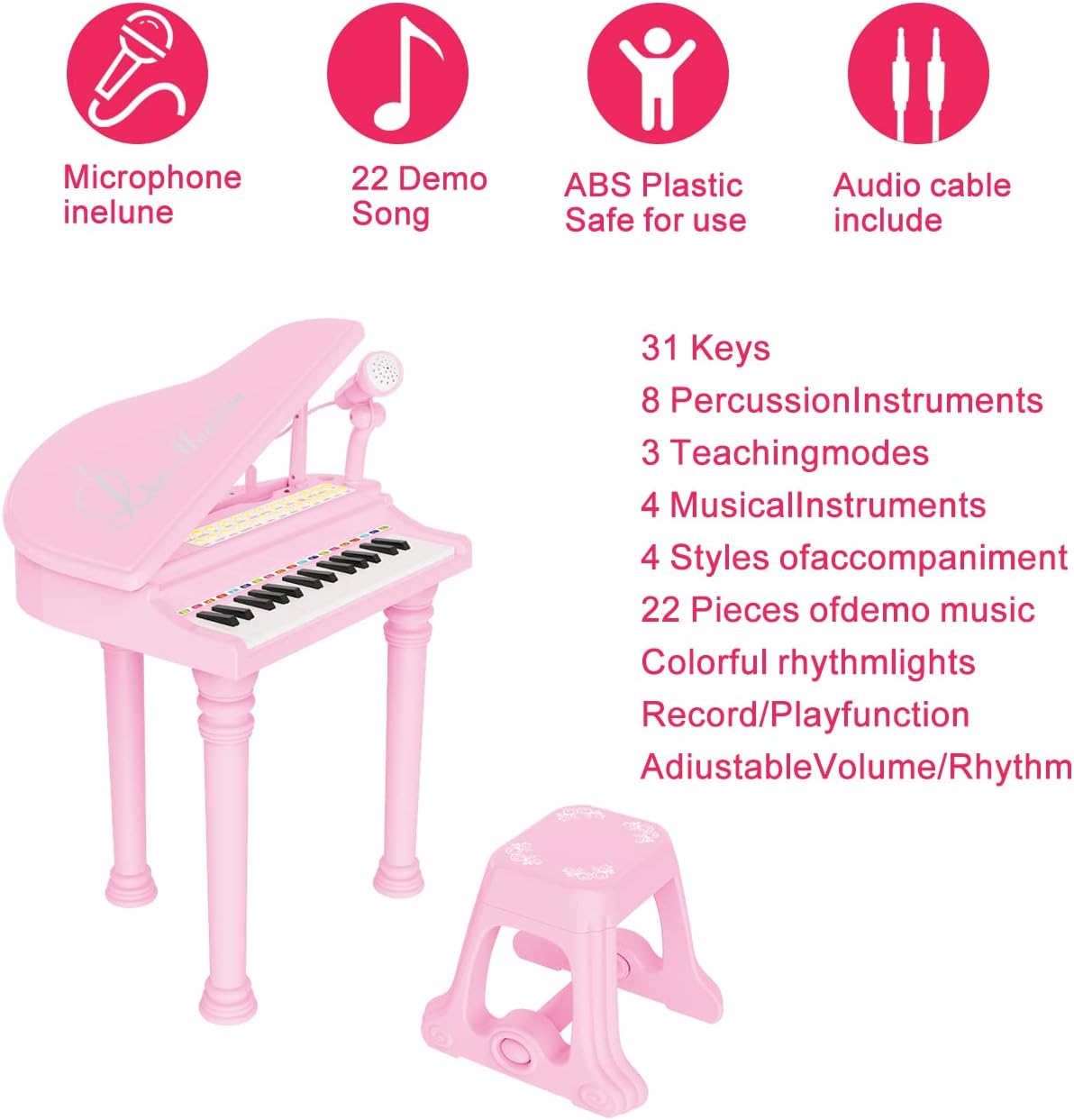 Pink Electronic Musical Toy Piano Keyboard Instrument for Kids & Toddlers DEMO