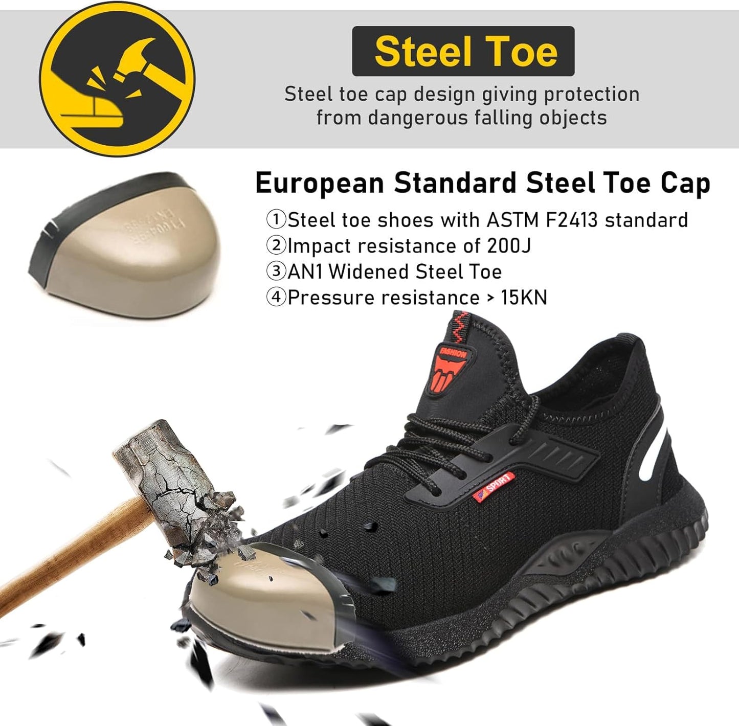 USOR Lightweight Steel Toe Safety Sneakers Breathable Black Work Shoes EU 41 NEW