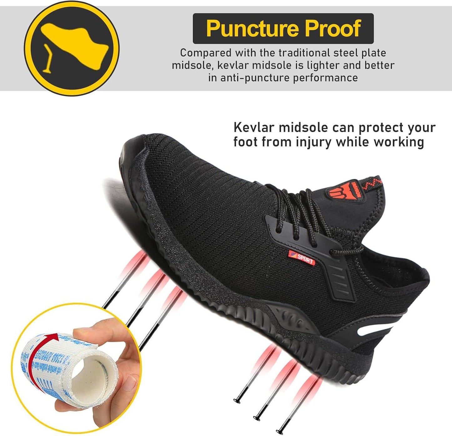 USOR Lightweight Steel Toe Safety Sneakers Breathable Black Work Shoes EU 41 NEW