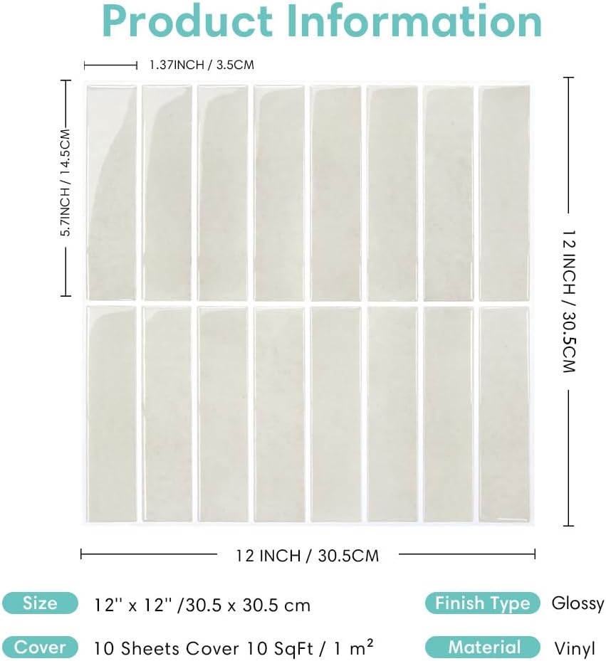 Commomy Glossy Beige Vinyl Peel and Stick Wall Sticker Tiles 30.5cm Size NEW