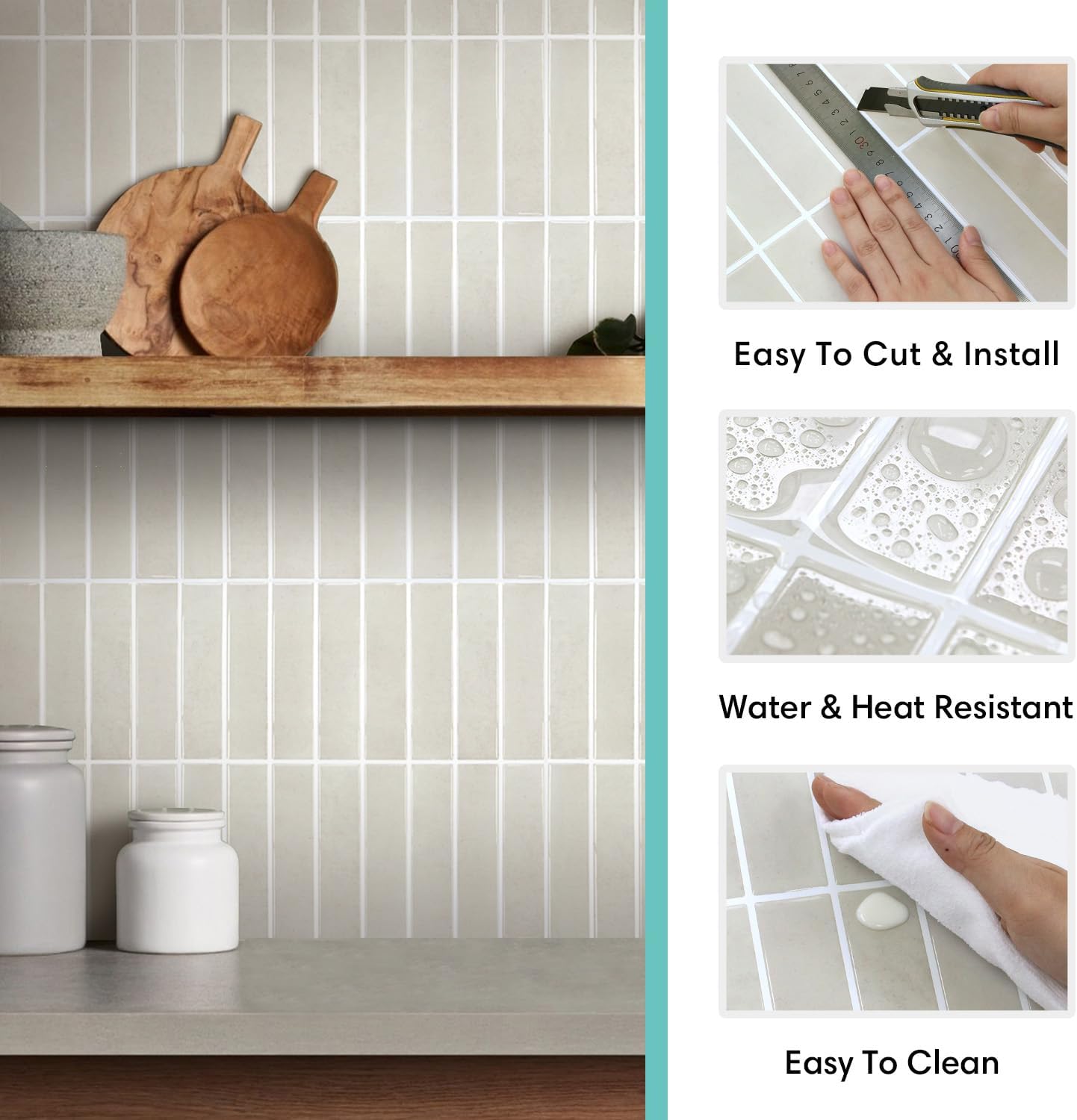 Commomy Glossy Beige Vinyl Peel and Stick Wall Sticker Tiles 30.5cm Size NEW