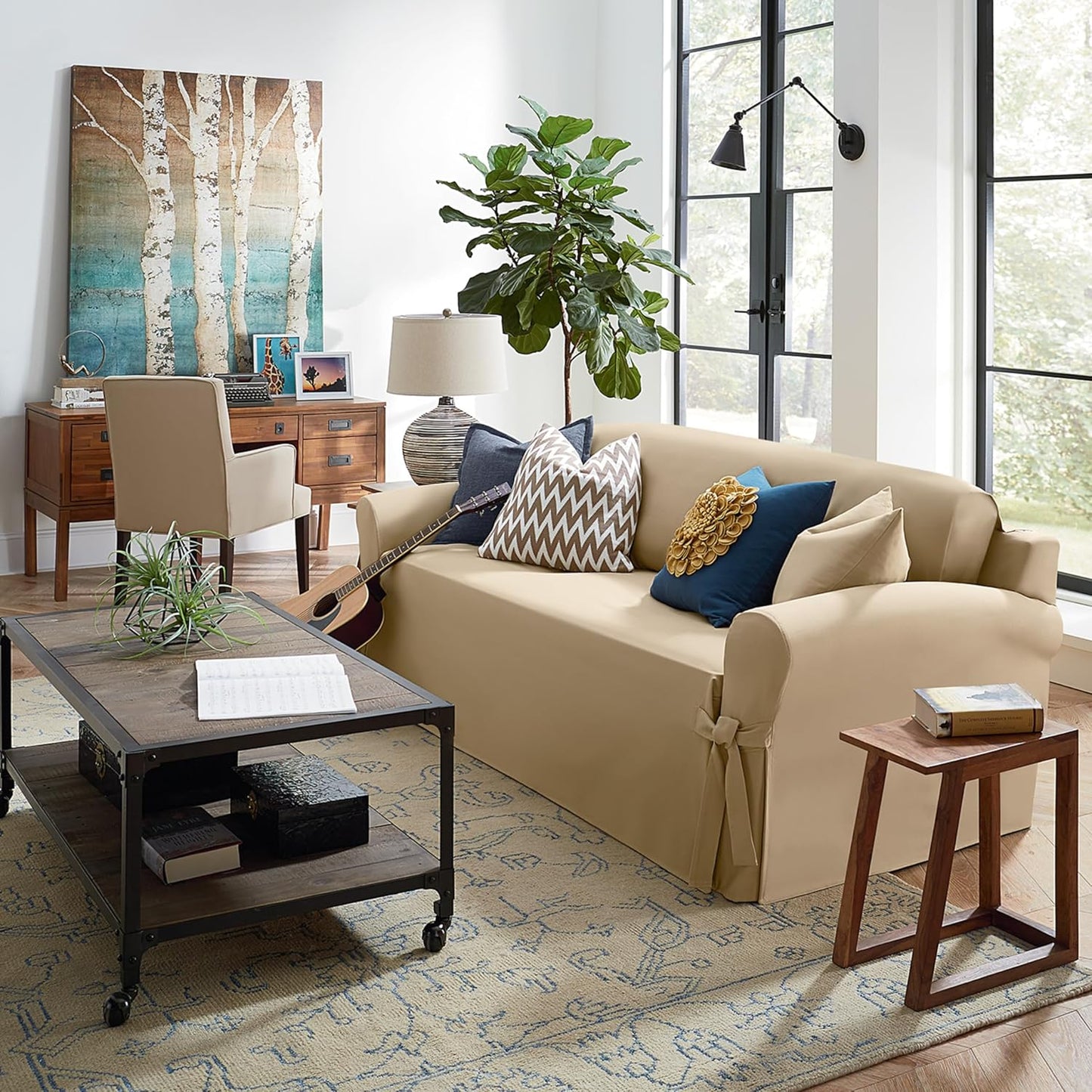 SureFit Heavyweight Cotton Duck Sofa Slipcover Khaki One Piece Loveseat NEW