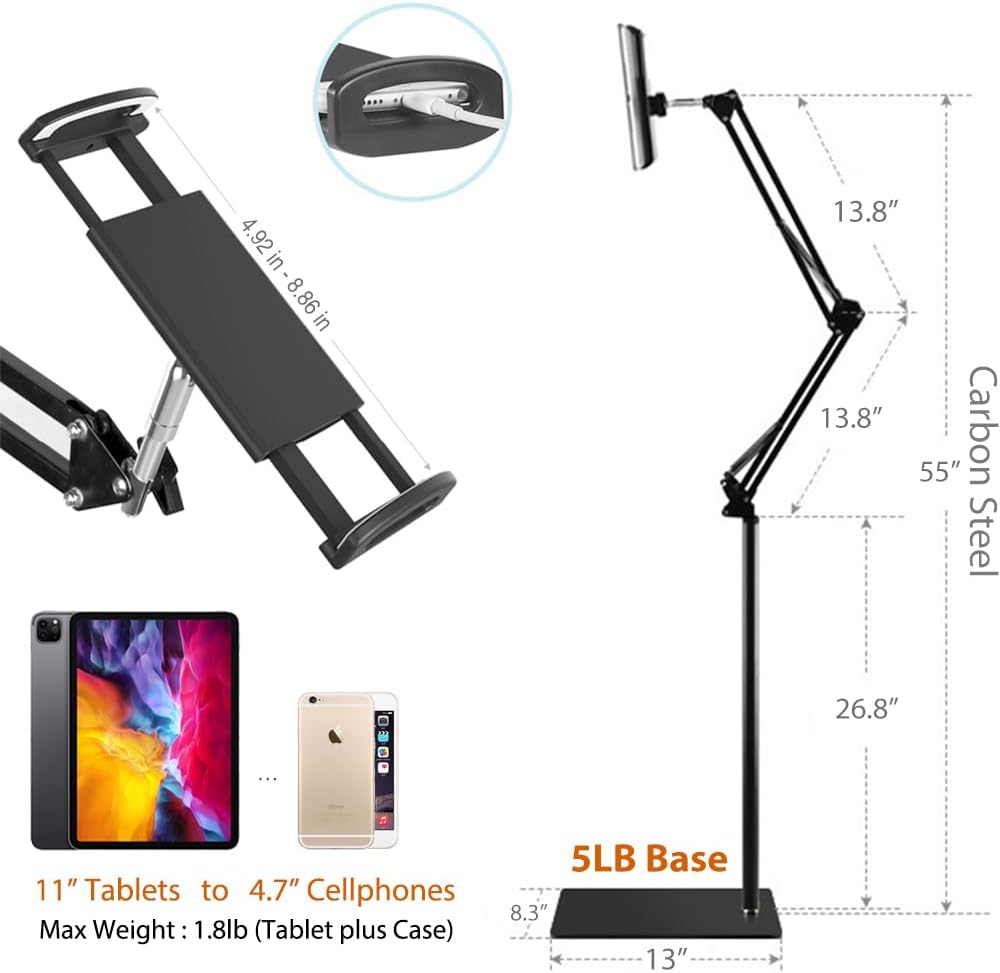 Adjustable Tablet Stands Floor Stand Overhead Bed Phone Holder Black - DEMO
