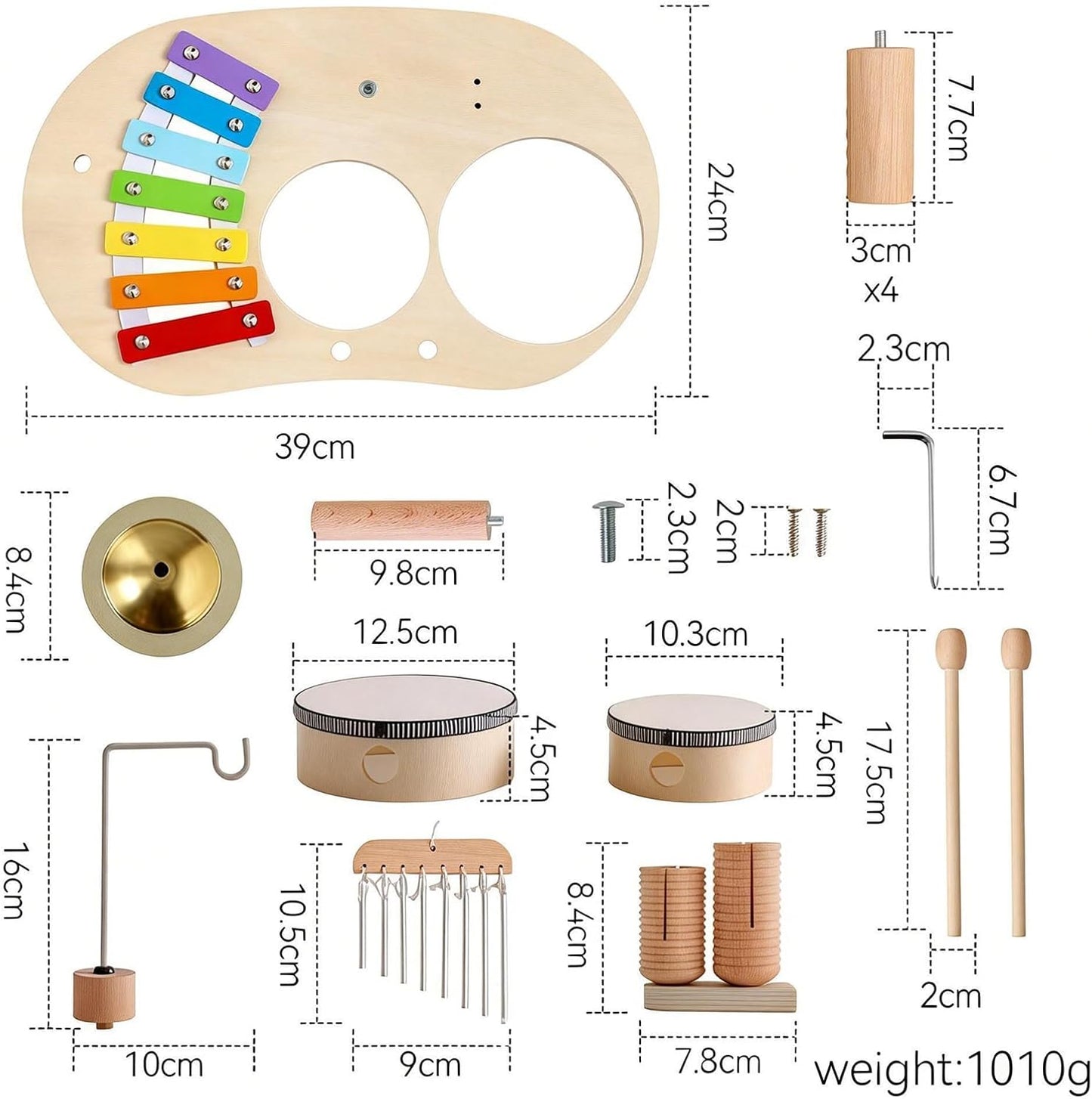 Wooden Musical Toy Drum Kit Instruments for Kids Multicolored 41x24.5x5cm NEW