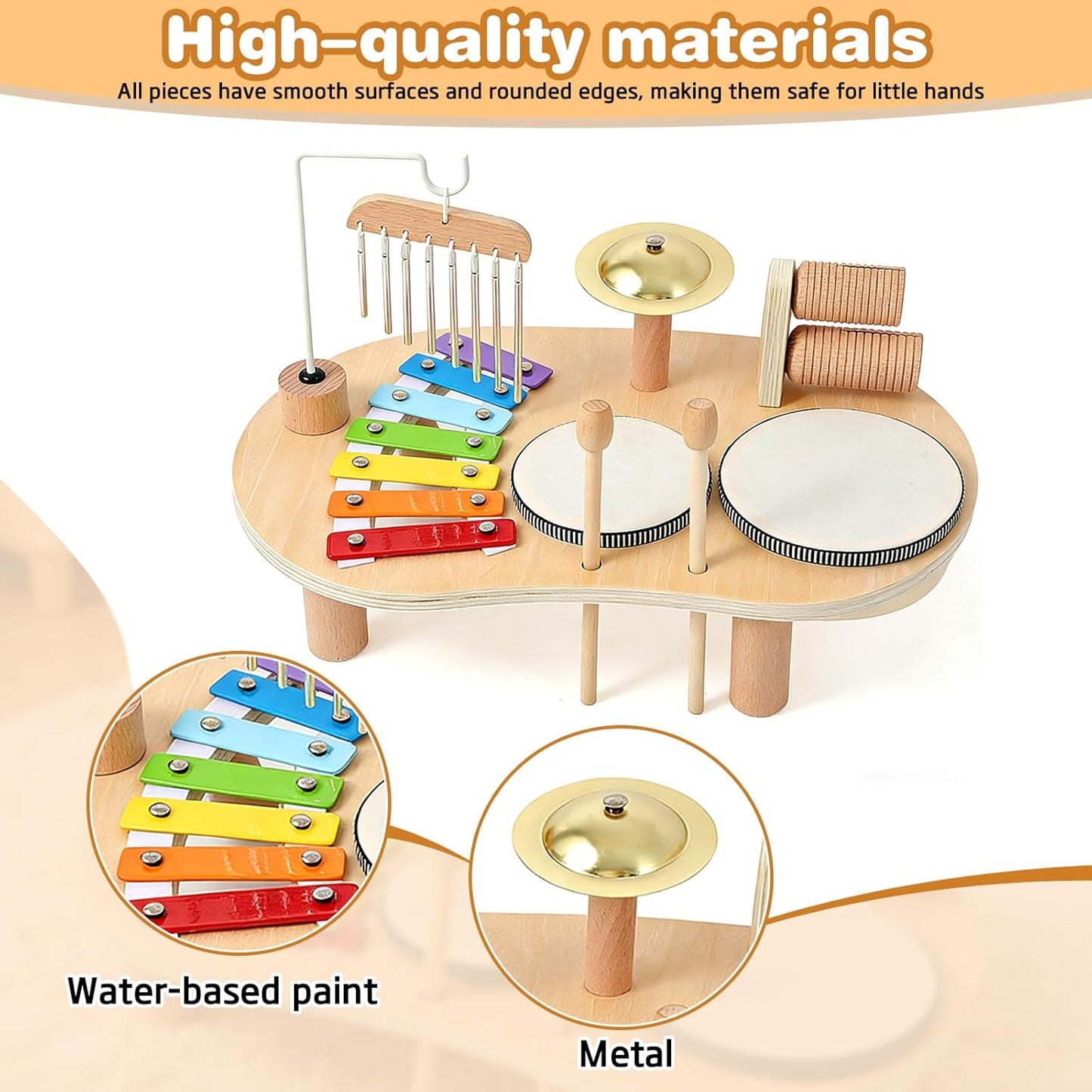 Wooden Musical Toy Drum Kit Instruments for Kids Multicolored 41x24.5x5cm NEW