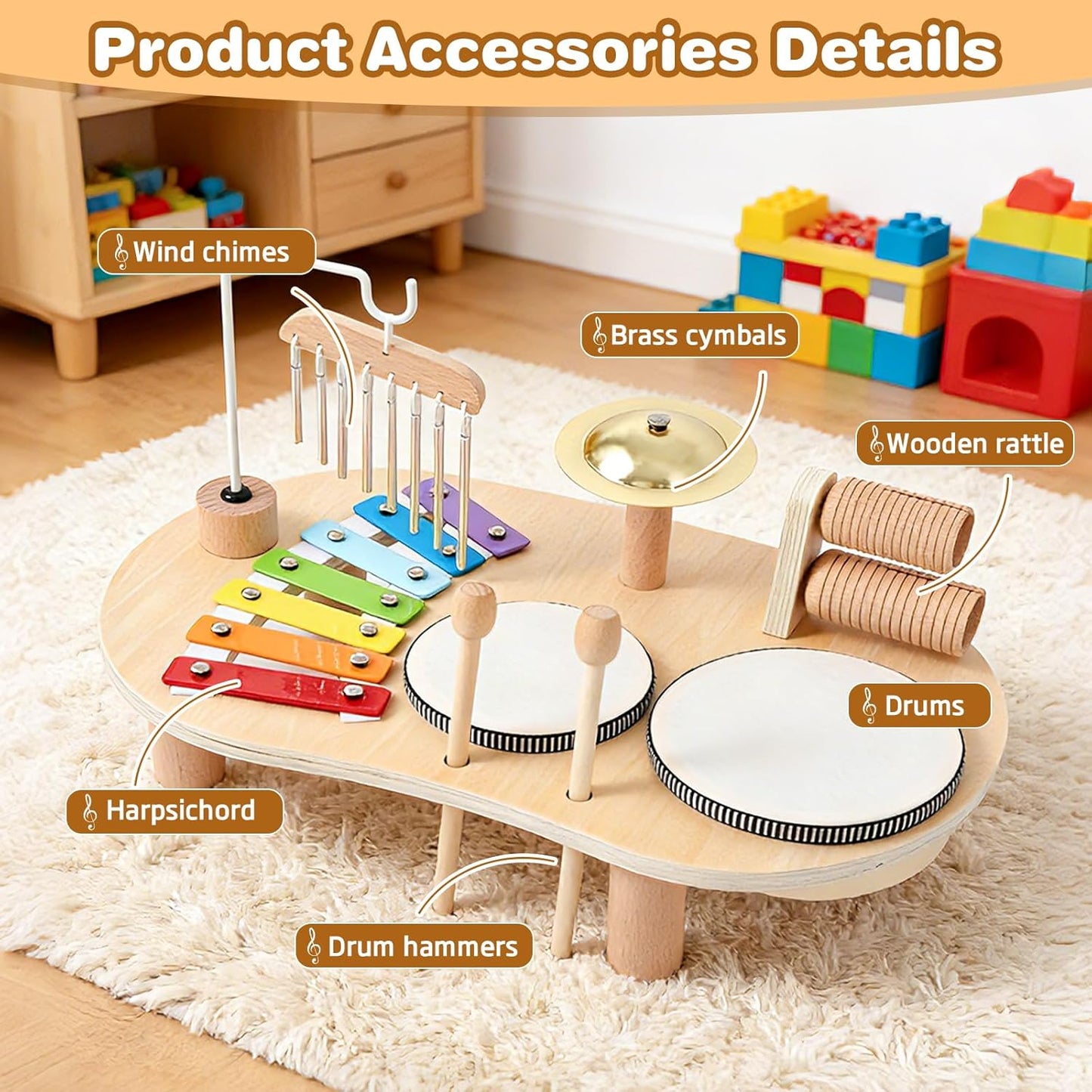 Wooden Musical Toy Drum Kit Instruments for Kids Multicolored 41x24.5x5cm NEW