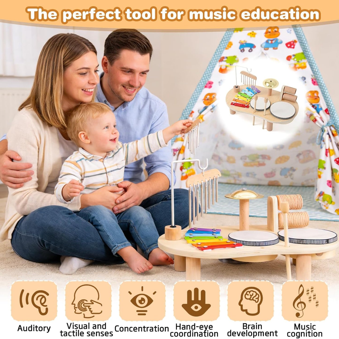Wooden Musical Toy Drum Kit Instruments for Kids Multicolored 41x24.5x5cm NEW