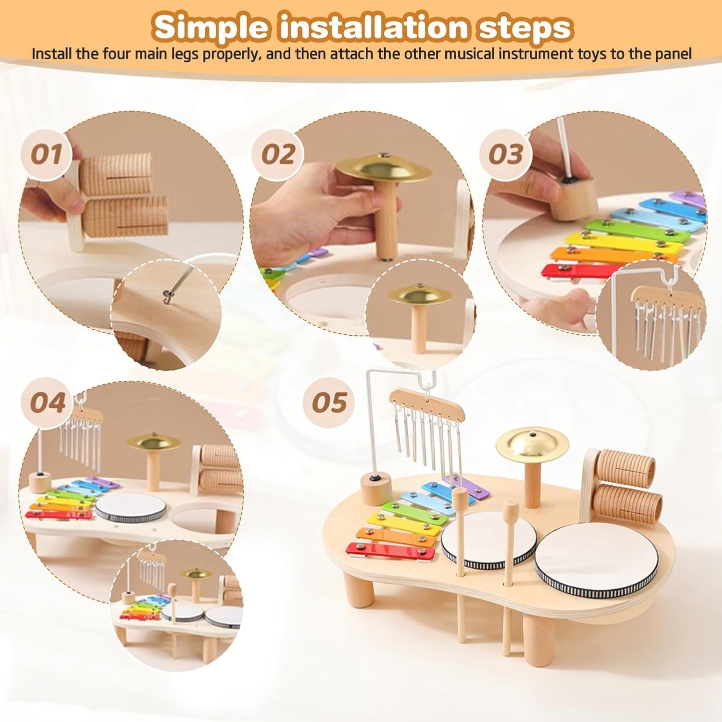 Wooden Musical Toy Drum Kit Instruments for Kids Multicolored 41x24.5x5cm NEW