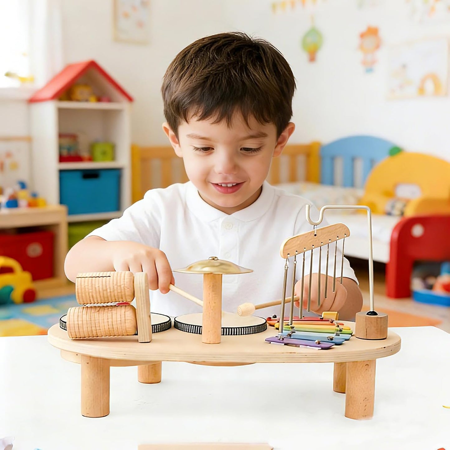 Wooden Musical Toy Drum Kit Instruments for Kids Multicolored 41x24.5x5cm NEW