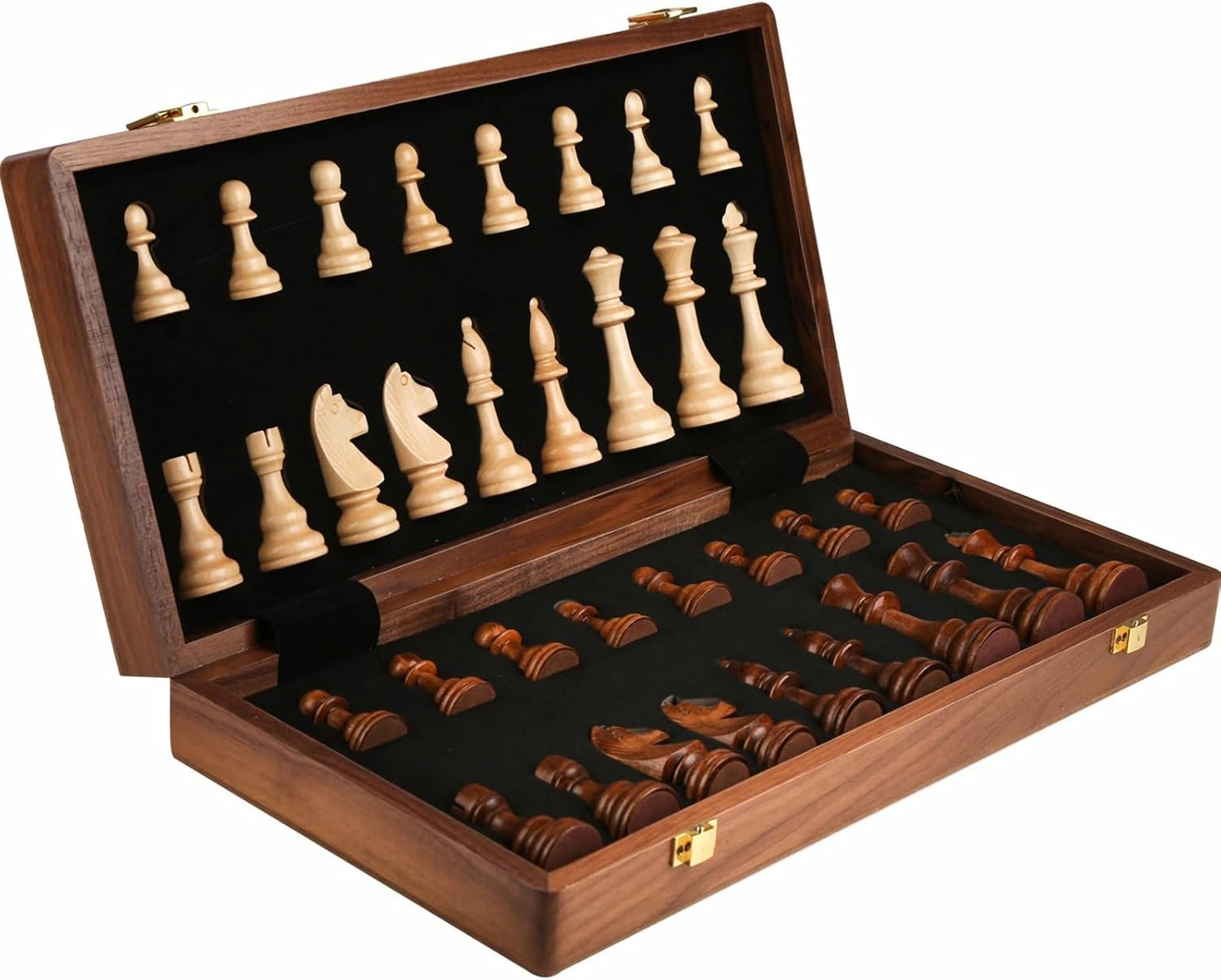 15 Inch Walnut Wood Chess Set with Felted Game Board Interior Standard Size NEW