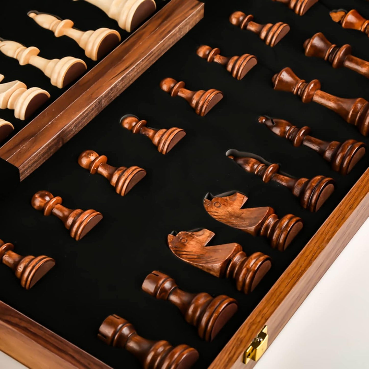 15 Inch Walnut Wood Chess Set with Felted Game Board Interior Standard Size NEW