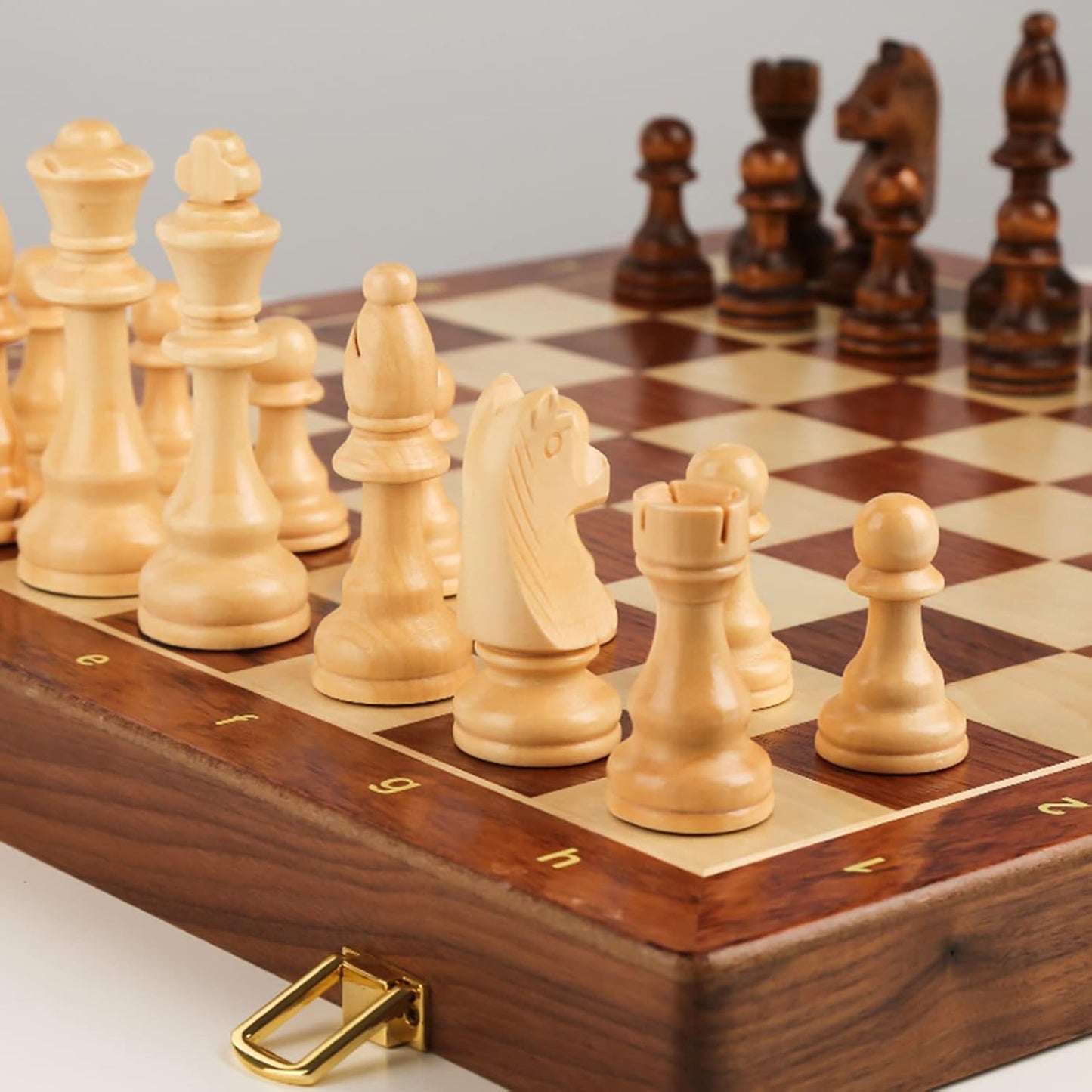 15 Inch Walnut Wood Chess Set with Felted Game Board Interior Standard Size NEW