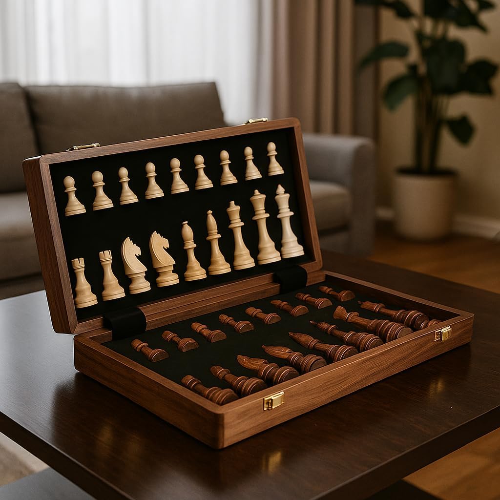 15 Inch Walnut Wood Chess Set with Felted Game Board Interior Standard Size NEW