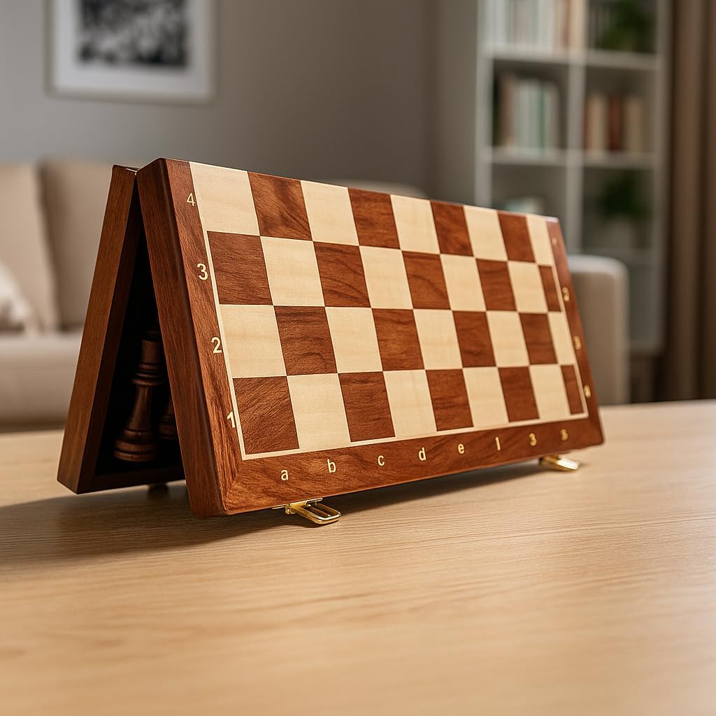 15 Inch Walnut Wood Chess Set with Felted Game Board Interior Standard Size NEW