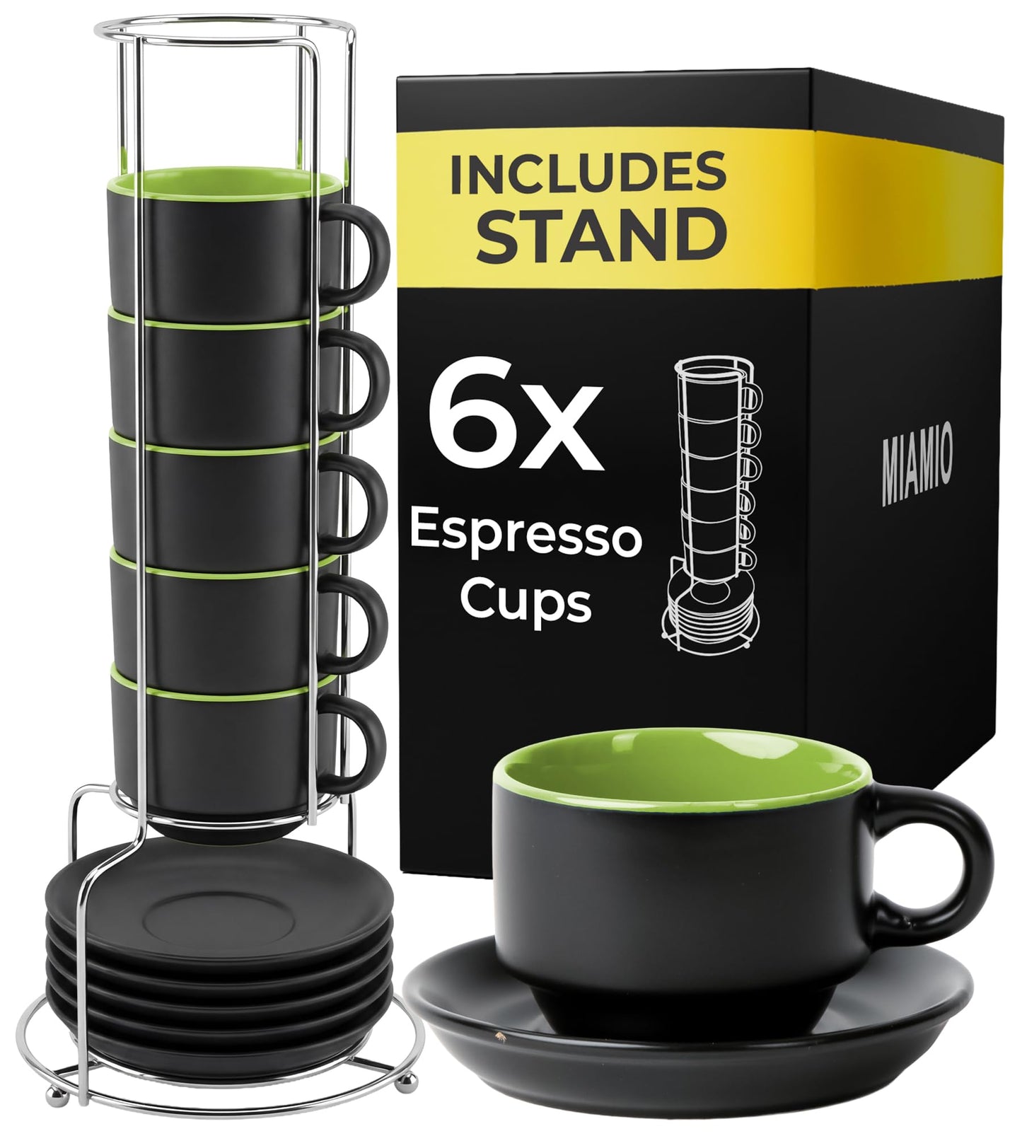 MIAMIO Ceramic Coffee Mugs with Saucers Set of 6 Green Size 12cm x 31cm NEW