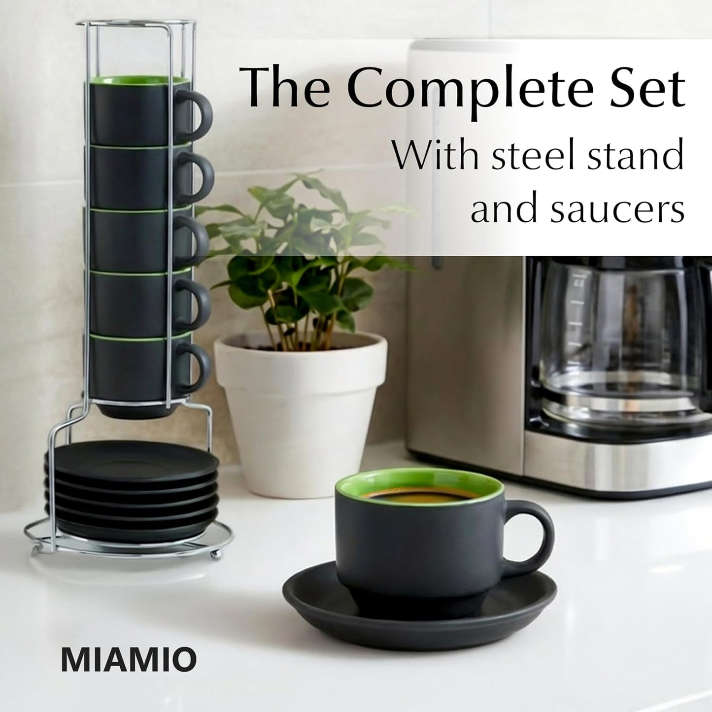 MIAMIO Ceramic Coffee Mugs with Saucers Set of 6 Green Size 12cm x 31cm NEW