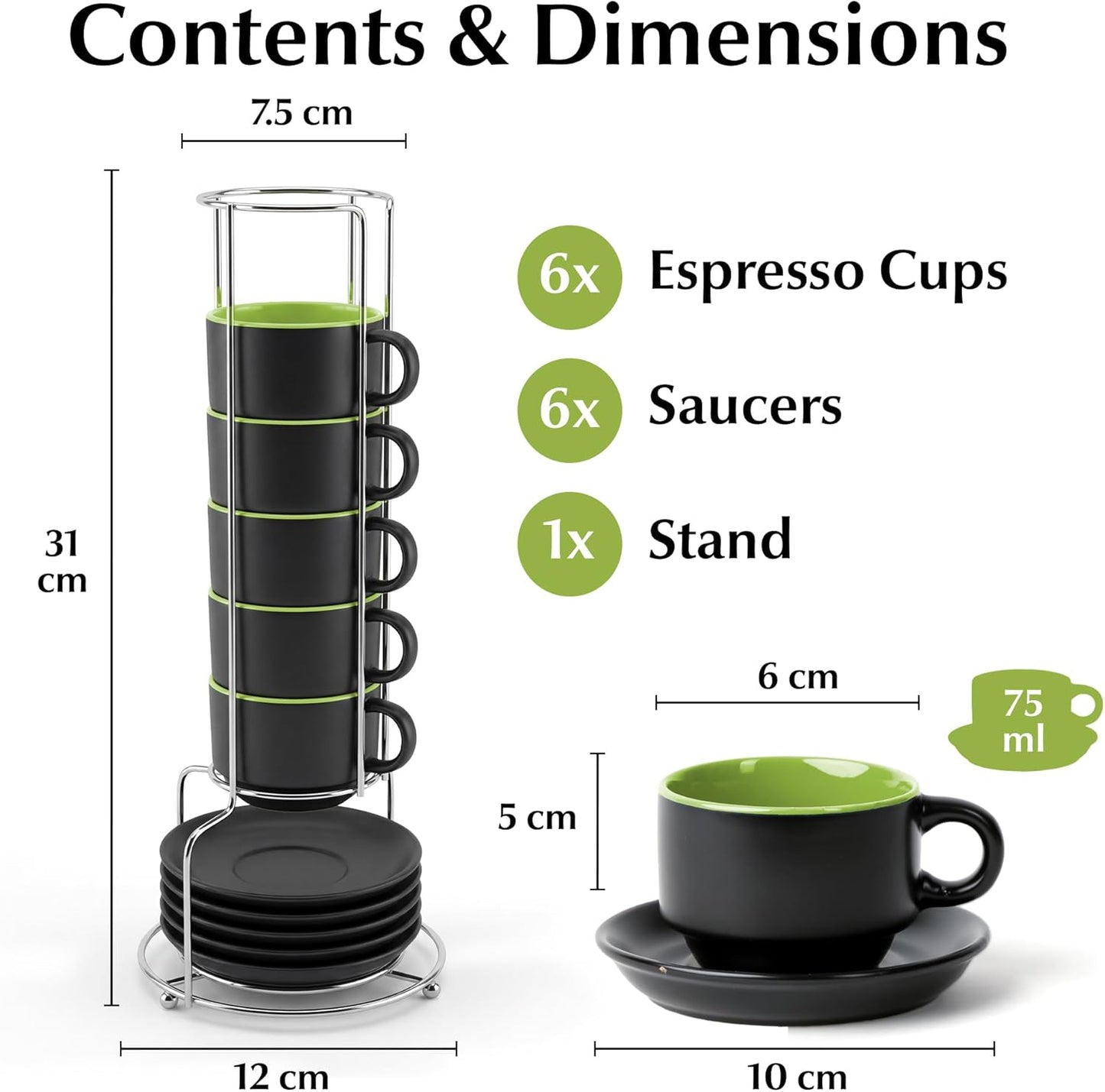 MIAMIO Ceramic Coffee Mugs with Saucers Set of 6 Green Size 12cm x 31cm NEW