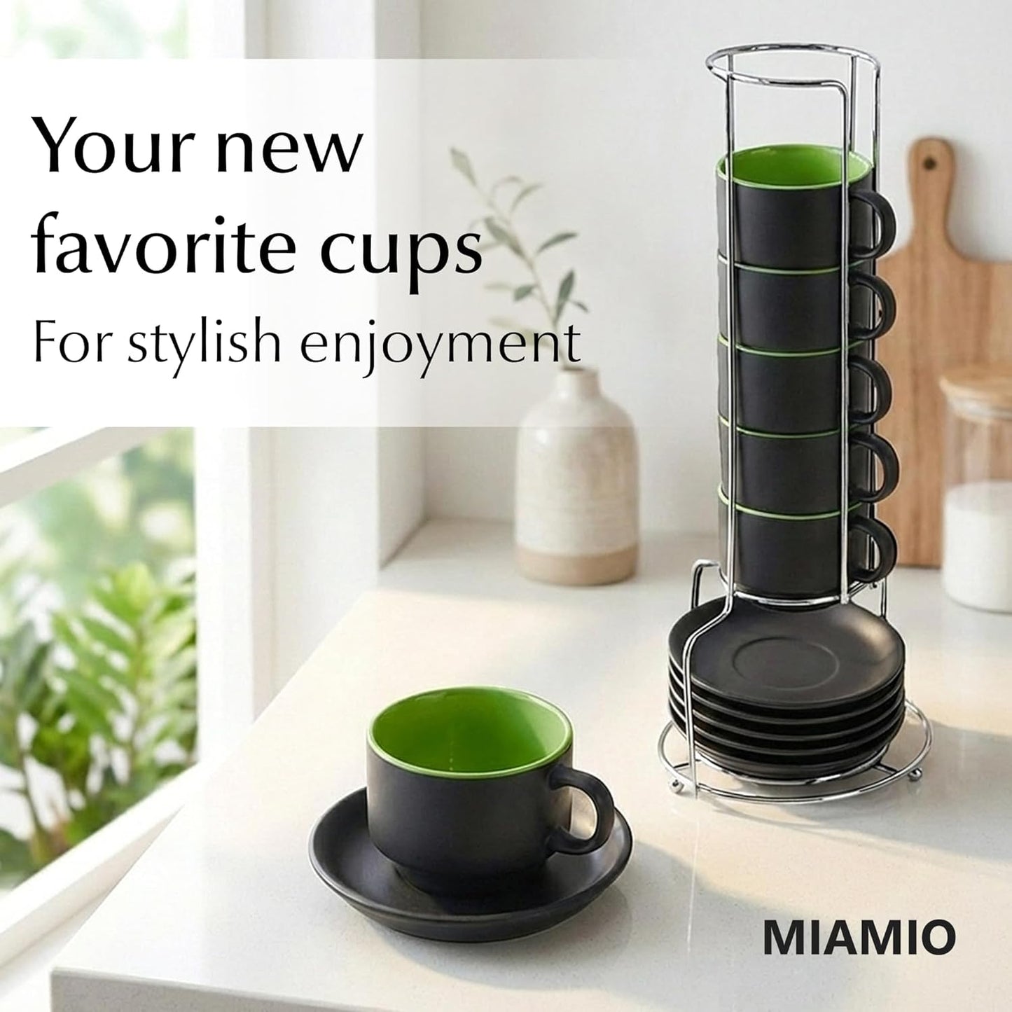 MIAMIO Ceramic Coffee Mugs with Saucers Set of 6 Green Size 12cm x 31cm NEW