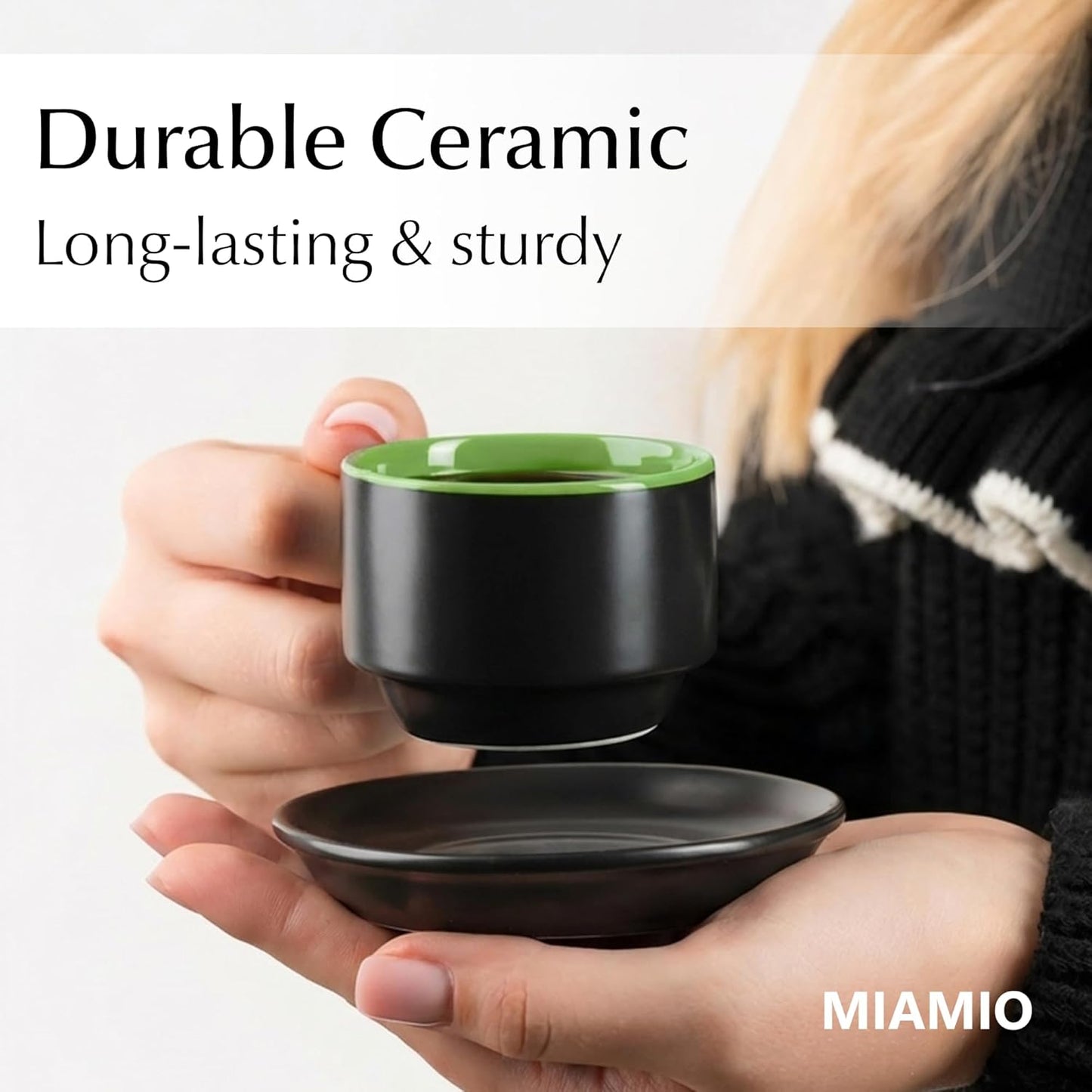 MIAMIO Ceramic Coffee Mugs with Saucers Set of 6 Green Size 12cm x 31cm NEW