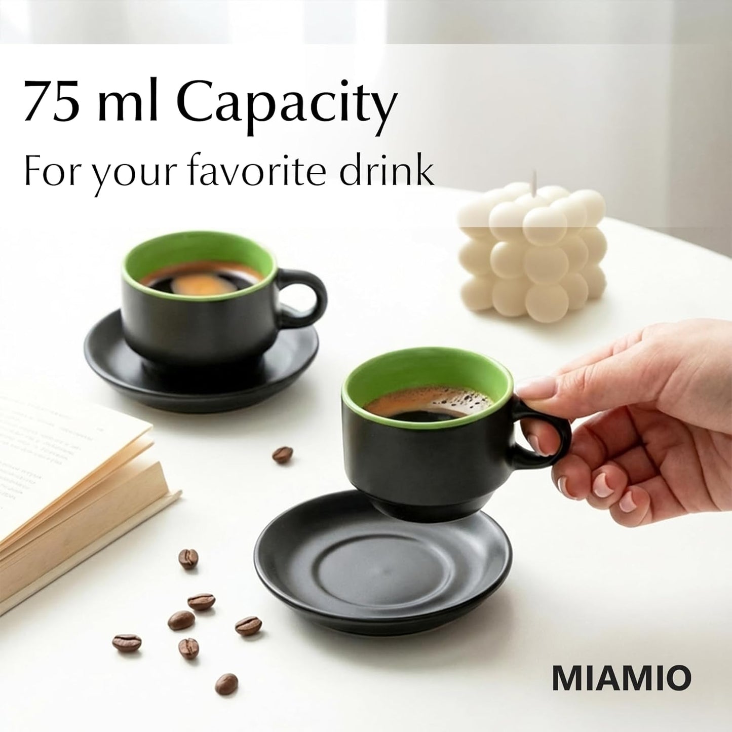 MIAMIO Ceramic Coffee Mugs with Saucers Set of 6 Green Size 12cm x 31cm NEW