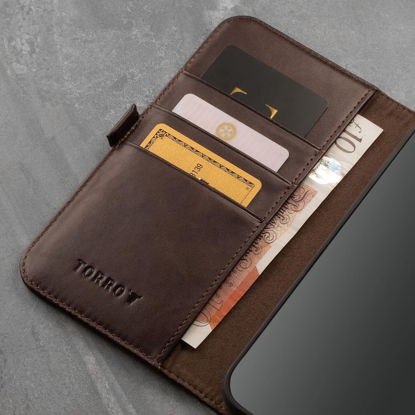 TORRO Leather Flip Wallet Case for iPhone 13 Pro Max, Dark Brown, NEW