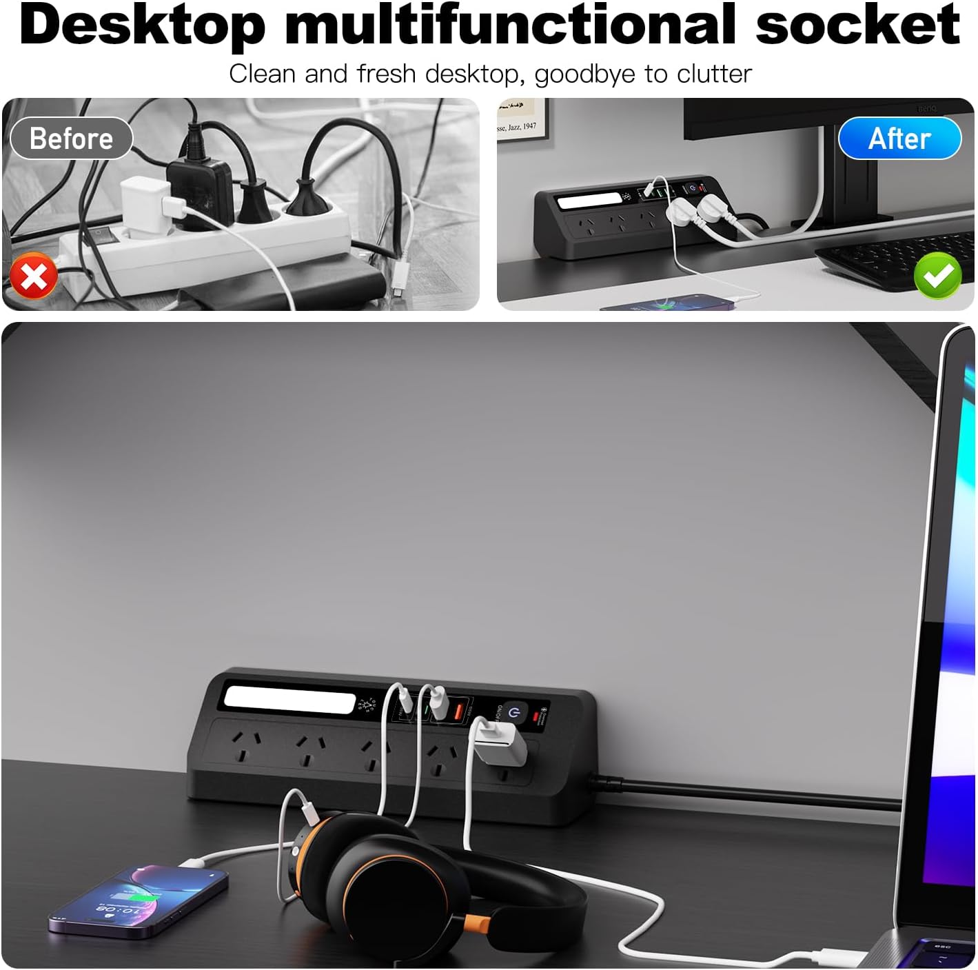 Black Power Strip with 3 USB Ports, Fast Charging, Desk Surge Protector NEW