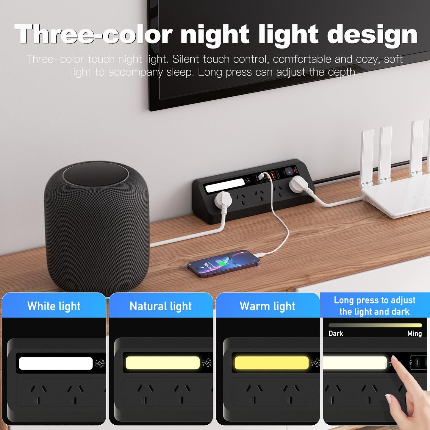 Black Power Strip with 3 USB Ports, Fast Charging, Desk Surge Protector NEW