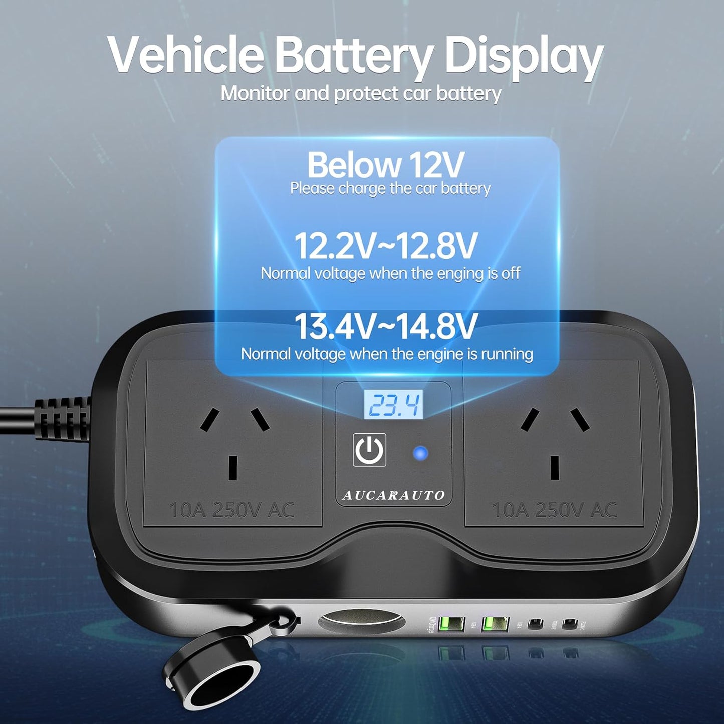 AUCARAUTO 200W Car Power Inverter 7-in-1 Fast Charging Adapter DC 12V Black NEW